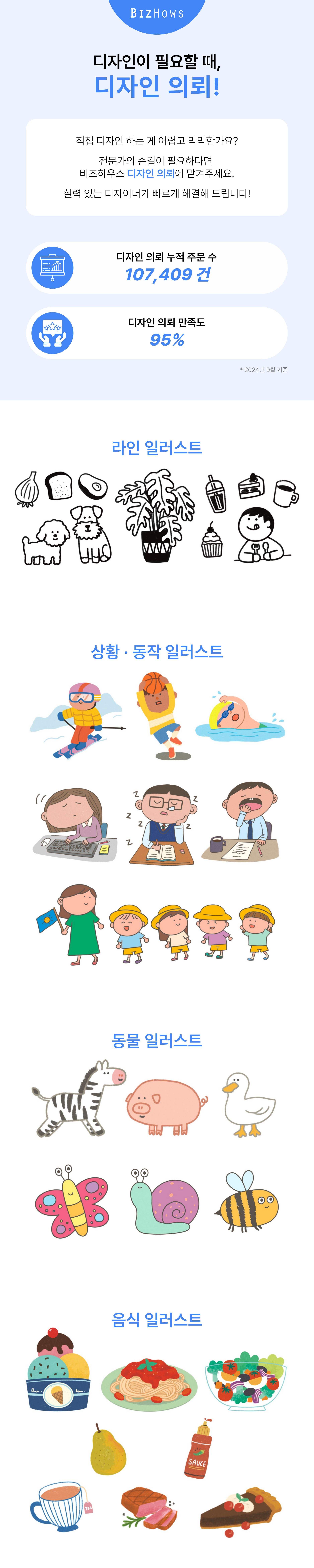 디자인 의뢰를 안내하는 한국어 홍보 화면으로, 상단에 통계와 설명 문구가 있고 아래에는 라인 일러스트, 상황·동작 일러스트, 동물 일러스트, 음식 일러스트 예시 이미지가 나열되어 있다.
